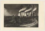 Artist: b'Vickers, Rose.' | Title: b'Dark satanic mills - near Singleton' | Date: 1990 | Technique: b'etching and aquatint, printed in black ink, from one plate'