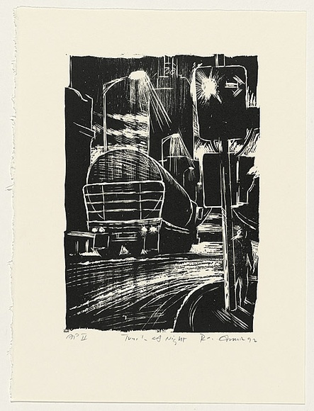 Artist: b'AMOR, Rick' | Title: b'Truck at night.' | Date: 1992 | Technique: b'woodcut, printed in black ink, from one block'