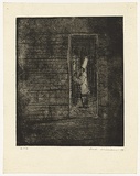 Artist: b'WILLIAMS, Fred' | Title: b'Cook and time clock' | Date: 1954-55 | Technique: b'etching and aquatint, printed in black ink, from one zinc plate' | Copyright: b'\xc2\xa9 Fred Williams Estate'