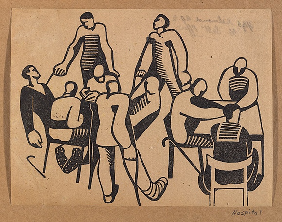 Artist: b'Richmond, Oliffe.' | Title: b'Hospital' | Date: c.1945 | Technique: b'linocut, printed in black ink, from one block'