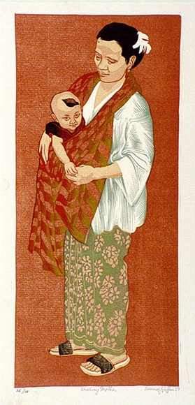 Artist: b'GRIFFIN, Murray' | Title: b'Malay mother' | Date: 1951 | Technique: b'linocut, printed in colour, from multiple blocks'