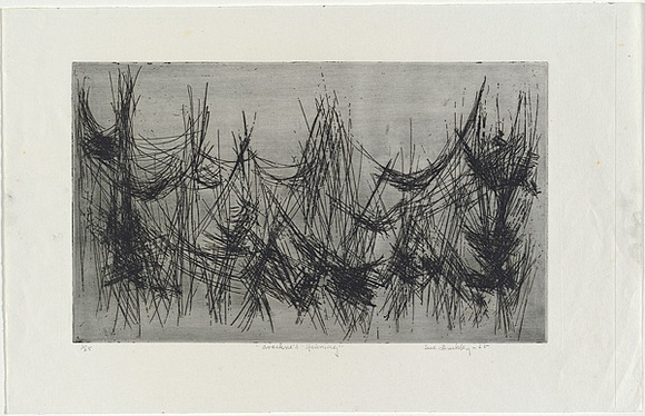 Artist: b'Buckley, Sue.' | Title: bArackne's spinning. | Date: 1965 | Technique: b'etching, printed in black ink with plate-tone, from one plate' | Copyright: b'This work appears on screen courtesy of Sue Buckley and her sister Jean Hanrahan'