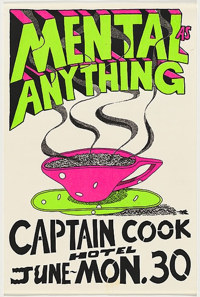 Artist: b'WORSTEAD, Paul' | Title: b'Mental as anything - Captain Cook' | Date: 1980 | Technique: b'screenprint, printed in colour, from three stencils' | Copyright: b'This work appears on screen courtesy of the artist'