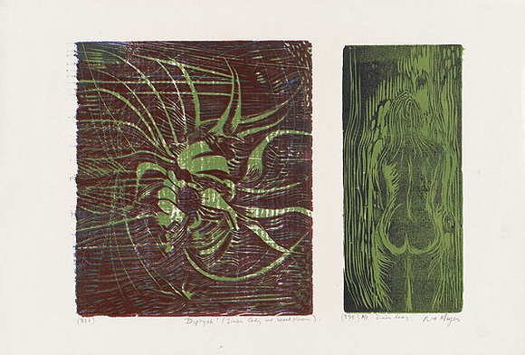 Artist: b'MEYER, Bill' | Title: b'Diptych timberlady and woodflowers' | Date: 1968 | Technique: b'woodcut, printed in colour, from multiple blocks' | Copyright: b'\xc2\xa9 Bill Meyer'