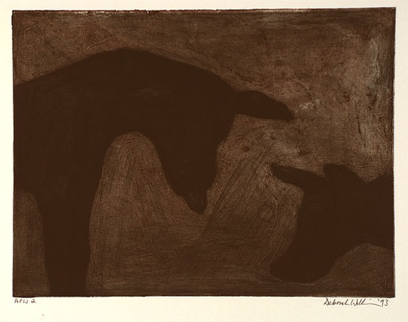 Artist: b'Williams, Deborah.' | Title: b'not titled [black/brown background; 2 dogs]' | Date: 1993 | Technique: b'etching, printed in colour, from two plates'