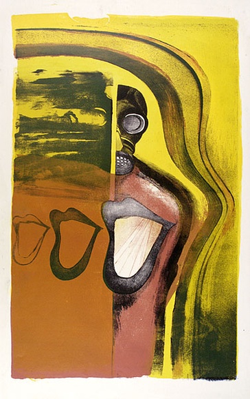 Artist: b'LAWTON, Tina' | Title: b'not titled [gas-mask and lips]' | Date: c.1965 | Technique: b'linocut, printed in black ink, from one block'