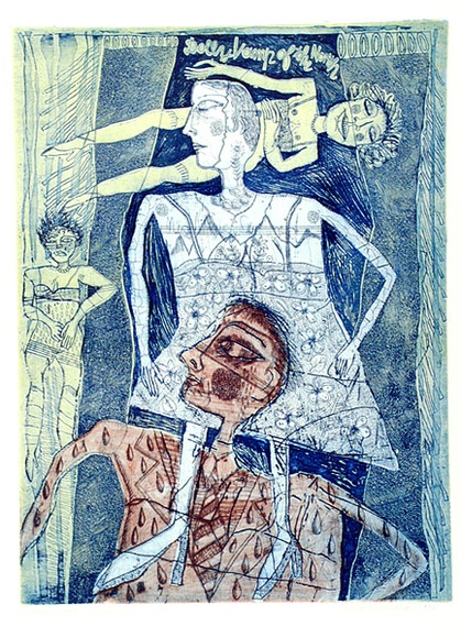 Artist: b'HANRAHAN, Barbara' | Title: b'Dolly, vamp of the north' | Date: 1984 | Technique: b'etching and aquatint, printed in colour'