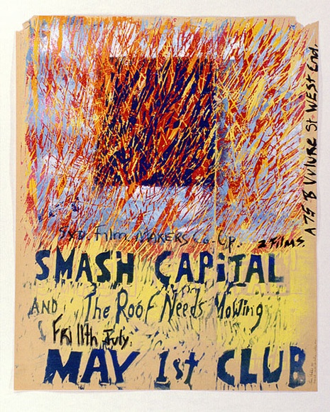 Artist: b'HOBBS, Ian' | Title: b'Syd. Film Makers Co-Op. 2 films Smash Capital and The Roof needs Mowing ... May 1st Club' | Date: 1980 | Technique: b'linocut, printed in colour, from multiple blocks'