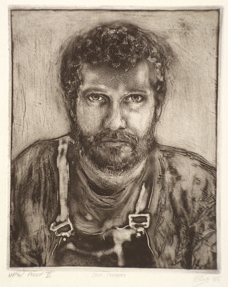 Artist: b'Dickson, Clive.' | Title: b'Self-portrait' | Date: 1985 | Technique: b'etching and aquatint, printed in sepia ink (small amount of black ink added), from one plate'