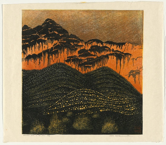 Artist: b'Thorpe, Lesbia.' | Title: b'Spinifex hills in the wet' | Date: 1994 | Technique: b'linocut, printed in colour, from multiple blocks'
