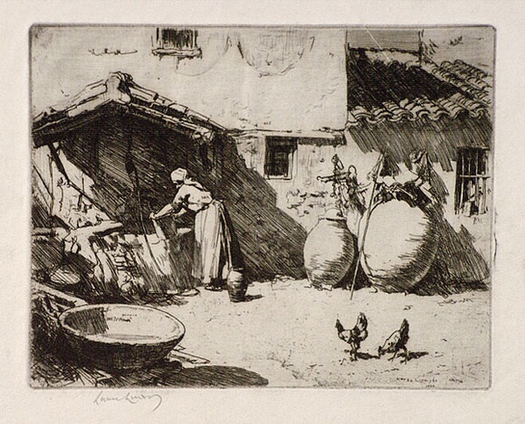 Artist: b'LINDSAY, Lionel' | Title: b'A courtyard, New Castile' | Date: 1926 | Technique: b'etching and aquatint, printed in black ink with plate-tone, from on plate' | Copyright: b'Courtesy of the National Library of Australia'