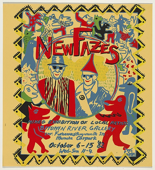 Artist: b'Ford, Paul.' | Title: b'New Fazes (sic) - Mixed exhibition of local artists.' | Date: 1982 | Technique: b'screenprint, printed in colour, from five stencils'