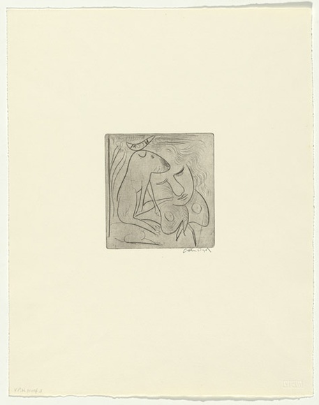 Artist: b'BOYD, Arthur' | Title: b'Head, dog, moth and quarter moon' | Date: c.1985 | Technique: b'drypoint, printed in black ink, from one plate' | Copyright: b'Reproduced with permission of Bundanon Trust'