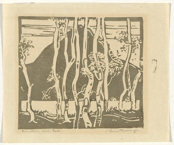 Artist: b'Barringer, Gwen' | Title: b'Mountain and Lake.' | Date: 1930s | Technique: b'linocut, printed in green ink, from one block'