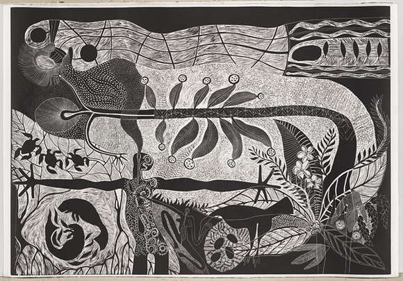 Artist: b'Meeks, Arone Raymond.' | Title: b'Celebration.' | Date: 2001, September | Technique: b'linocut, printed in black ink, from one block'