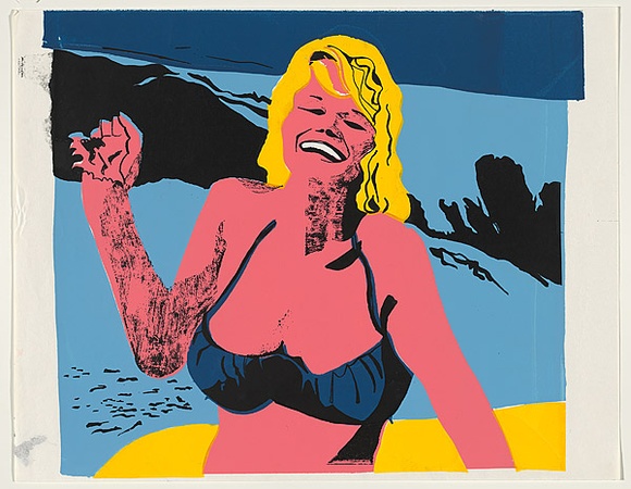 Artist: b'UNKNOWN' | Title: b'not titled [student print, pink woman in bikini]' | Date: 1979 | Technique: b'screenprint, printed in colour, from multiple stencils'