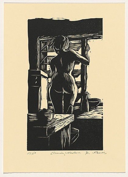 Artist: b'AMOR, Rick' | Title: b'Cleaning windows.' | Date: 1991 | Technique: b'woodcut, printed in black ink, from one block'