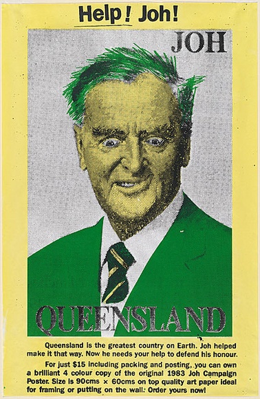 Artist: b'Inkahoots Ltd.' | Title: b'Help! Joh!.' | Date: 1991 | Technique: b'screenprint, printed in colour, from three stencils (green, black and yellow inks)'