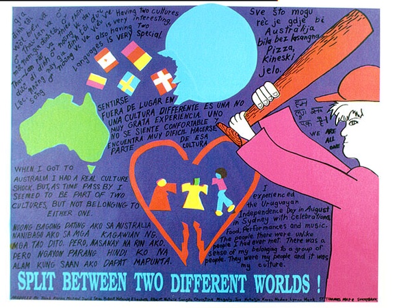 Artist: b'Crocker, Mark.' | Title: b'Split between two different worlds.' | Date: 1990 | Technique: b'screenprint, printed in colour, from multiple stencils'