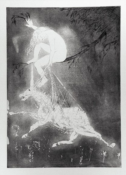 Artist: b'BOYD, Arthur' | Title: b'The lady betrays the unicorn.' | Date: 1973-74 | Technique: b'aquatint, printed in black ink, from one plate' | Copyright: b'Reproduced with permission of Bundanon Trust'