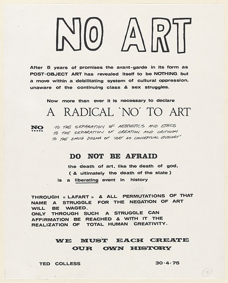 Artist: b'Colless, Ted.' | Title: b'No art.' | Date: 1975 | Technique: b'screenprint, printed in black ink, from one stencil'