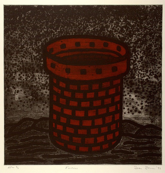 Artist: b'Bowen, Dean.' | Title: b'Fortress' | Date: 1992 | Technique: b'etching, printed in red and black ink, from two plates'