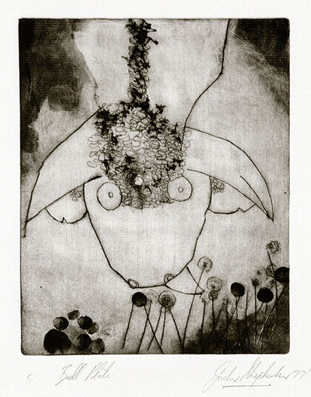 Artist: b'Shepherdson, Gordon.' | Title: b'The second plate (The bull plate). 5' | Date: 1977 | Technique: b'drypoint, printed as monotype, from one plate'