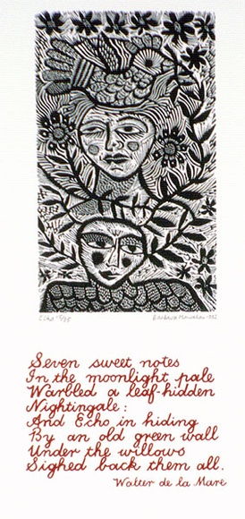 Artist: b'HANRAHAN, Barbara' | Title: b'Echo' | Date: 1982 | Technique: b'wood-engraving, printed in black ink, from one block; screenprint, printed in red ink, from one stencil'