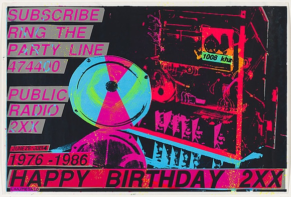 Artist: b'Megalo International Screenprinting Collective.' | Title: b'Poster: Happy birthday 2XX, 1976-1986' | Date: 1986 | Technique: b'screenprint, printed in colour, from four stencils'