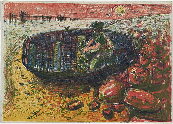 Artist: b'Seidel, Brian' | Title: b'Fisherman' | Date: 1961 | Technique: b'lithograph, printed in colour, from multiple stones [or plates]' | Copyright: b'This work appears on screen courtesy of the artist and copyright holder'