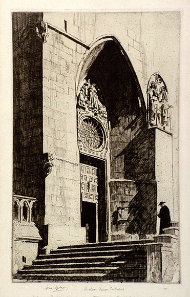 Artist: LINDSAY, Lionel | Title: A doorway, Burgos Cathedral | Date: 1926 | Technique: etching and aquatint,  printed in warm black ink, from one plate | Copyright: Courtesy of the National Library of Australia