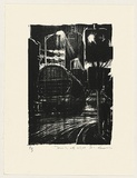 Artist: b'AMOR, Rick' | Title: b'Truck at night.' | Date: 1992 | Technique: b'woodcut, printed in black ink, from one block'