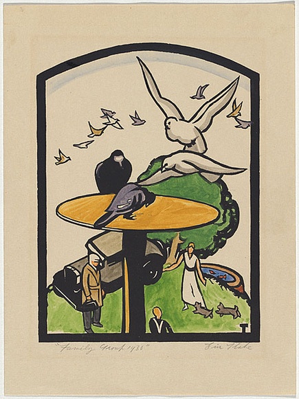 Artist: b'Thake, Eric.' | Title: b'Family group' | Date: 1930 | Technique: b'linocut, printed in black ink, from one block; hand-coloured'