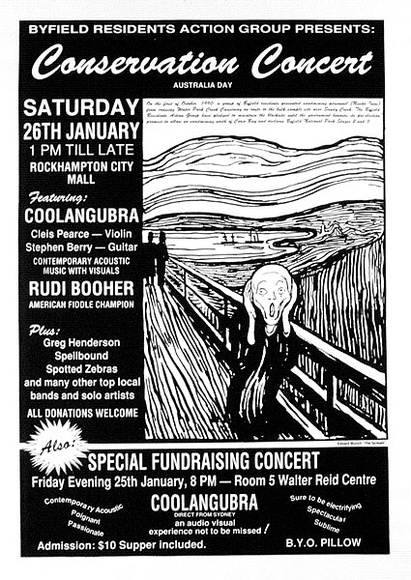 Artist: b'Byfield Residents Residents Action Group.' | Title: b'Byfield Conservation Concert poster.' | Date: 1991 | Technique: b'screenprint, printed in black ink, from one stencil'