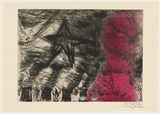 Title: b'My father murdered 50,000 Jews' | Date: 1992- 1996 | Technique: b'etching, printed in black and pink ink, from two plates'