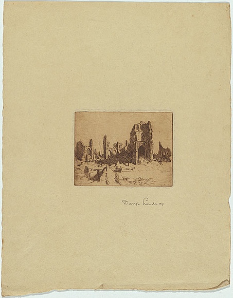 Artist: b'Lindsay, Daryl.' | Title: b'(Bombed church).' | Date: c.1920 | Technique: b'etching, printed in brown ink, from one plate'