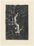 Artist: AMOR, Rick | Title: Tramstop and truck | Date: 1992 | Technique: lithograph, printed in black ink, from one stone | Copyright: Image reproduced courtesy the artist and Niagara Galleries, Melbourne