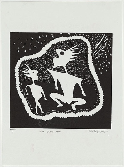 Artist: b'Deeaggadditt Phillips, Dennis.' | Title: b'The blind man.' | Date: 1986 | Technique: b'linocut, printed in black ink, from one block'