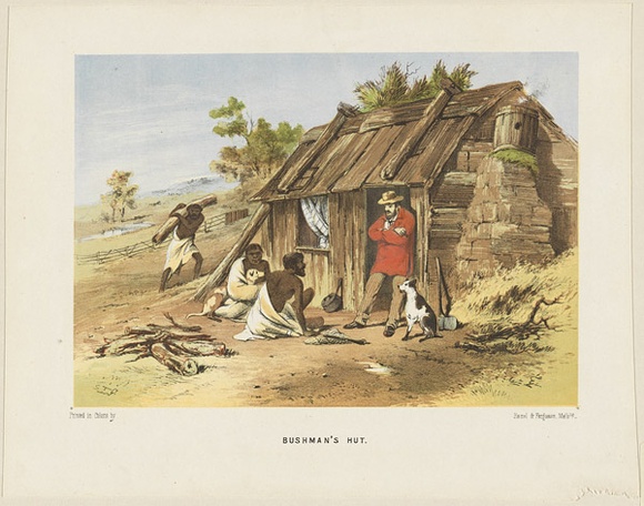 Title: bBushman's hut | Date: 1865 | Technique: b'lithograph, printed in colour, from multiple stones'