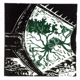 Artist: NEWSOM, Tony | Title: not titled [Front scoop of grader]. [Poster for Environment Protest Street Exhibition and Street Theatre, Morwell, Victoria, 1 | Date: (1976) | Technique: linocut, printed in black and green ink, from one block
