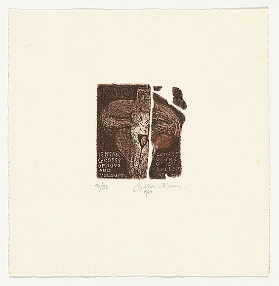 Artist: b'Mann, Gillian.' | Title: b'not titled [Ishtar goddess of love and volupte]' | Date: 1980 | Technique: b'etching, printed in colour, from multiple plates'
