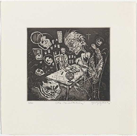 Artist: b'Gittoes, George.' | Title: b'The consultation.' | Date: 1971 | Technique: b'etching, printed in black ink, from one plate'