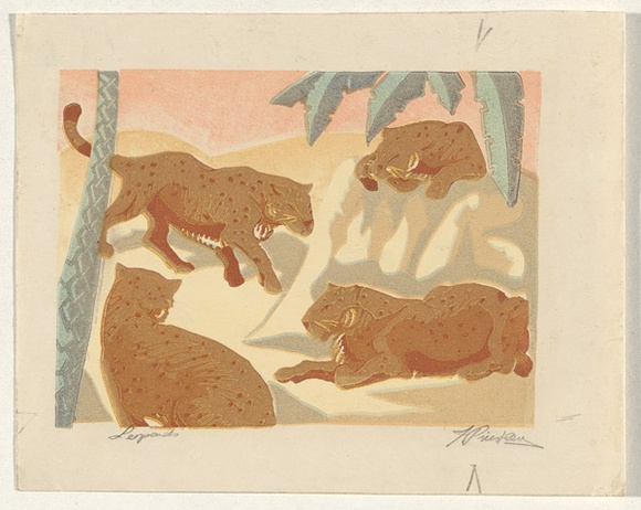 Artist: b'Priestley, F.' | Title: b'Leopards' | Date: (1938) | Technique: b'linocut, printed in colour, from seven blocks'