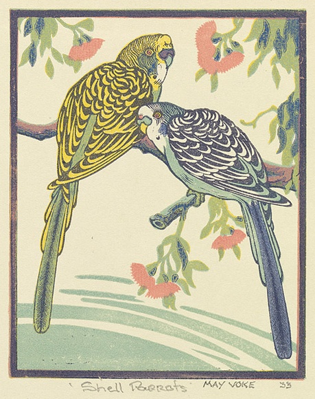 Artist: b'Voke, May.' | Title: b'Shell parrots' | Date: 1933 | Technique: b'linocut, printed in colour, from mutliple blocks'