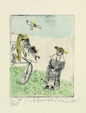 Artist: b'Speirs, Andrew.' | Title: b'Flight speed and the Cleric' | Date: 1985 | Technique: b'etching, foul biting printed in black ink, from one  plate, hand-coloured'