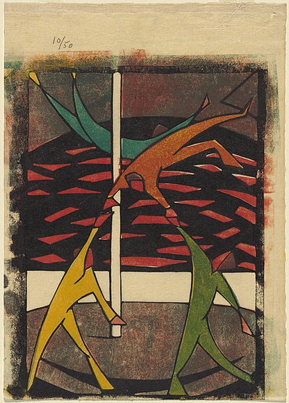 Artist: b'Black, Dorrit.' | Title: b'The acrobats.' | Date: 1927-28 | Technique: b'linocut, printed in colour, from four blocks (yellow, red, viridian, black)'