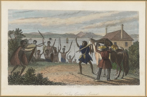 Title: bArrival at King George's Sound. | Date: c.1845 | Technique: b'engraving, printed in black ink, from one plate; hand-coloured at a later date'