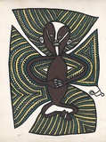 Artist: b'Akis, Timothy' | Title: b'Man ibilas na em ikan sindaun long faia  [Man with painted face sitting on a fire].' | Date: c.1983 | Technique: b'photo-screenprint, printed in colour, from four stencils'
