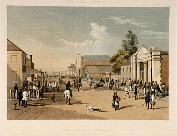 Artist: b'Angas, George French.' | Title: b'Adelaide, Hindley St.' | Date: 1846-47 | Technique: b'lithograph, printed in colour, from multiple stones; varnish highlights by brush'