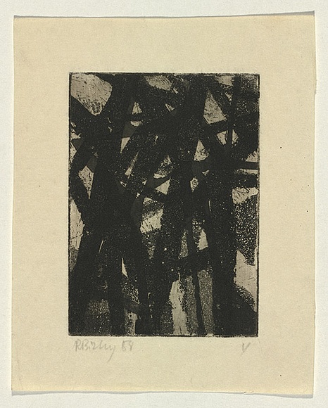 Title: b'not titled [overlapping large black lines]' | Date: 1958 | Technique: b'aquatint, printed in black ink, from one plate; oil-stick additions'